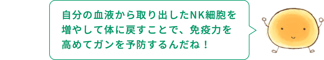 細胞くん「自分の血液から取り出したNK細胞を増やして体に戻すことで、免疫力を高めてガンを予防するんだね！」