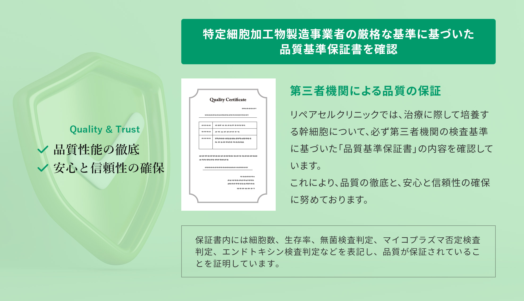 全ての幹細胞は、品質基準を満たしたことを確認